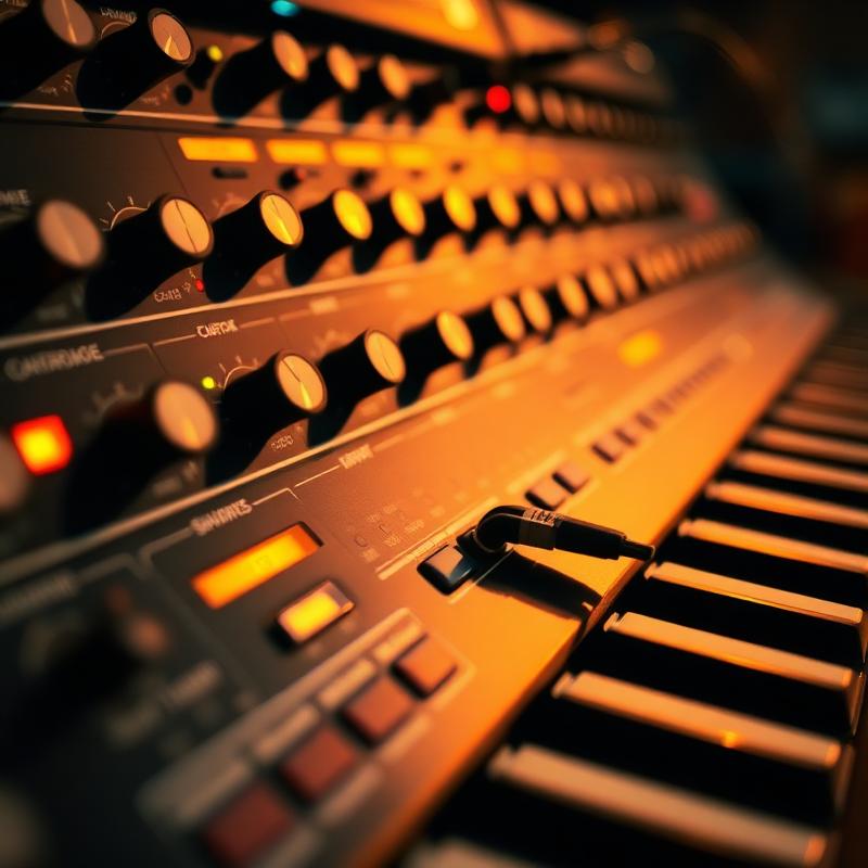 Close up of vintage synth knobs and patch cables