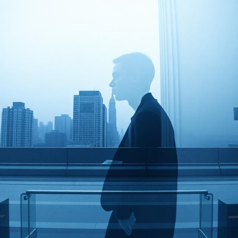 Double exposure of cityscape and figure in blue tones